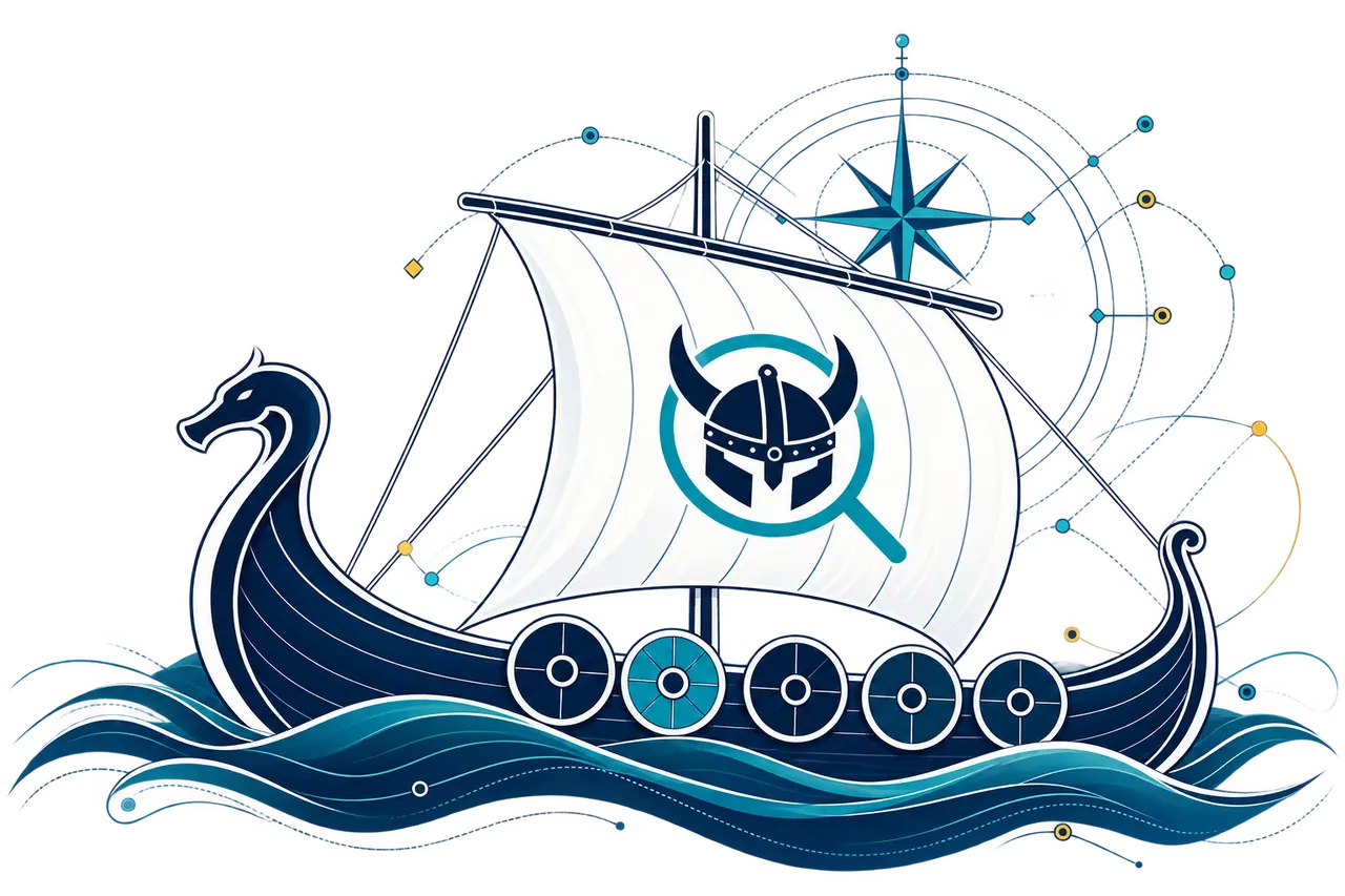 Viking longship with Viking Search Marketing branding on a billowing white sail, framed by a compass and layered teal waves.